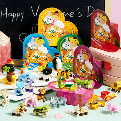 Animal Building Blocks Valentine's Heart Boxes Filled with Cards for Kids