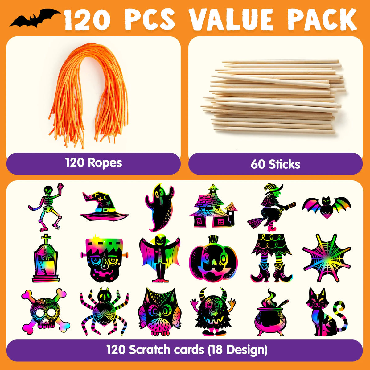 120-Pack Halloween Rainbow Scratch Art Craft Kit for Kids