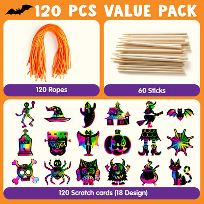 120-Pack Halloween Rainbow Scratch Art Craft Kit for Kids