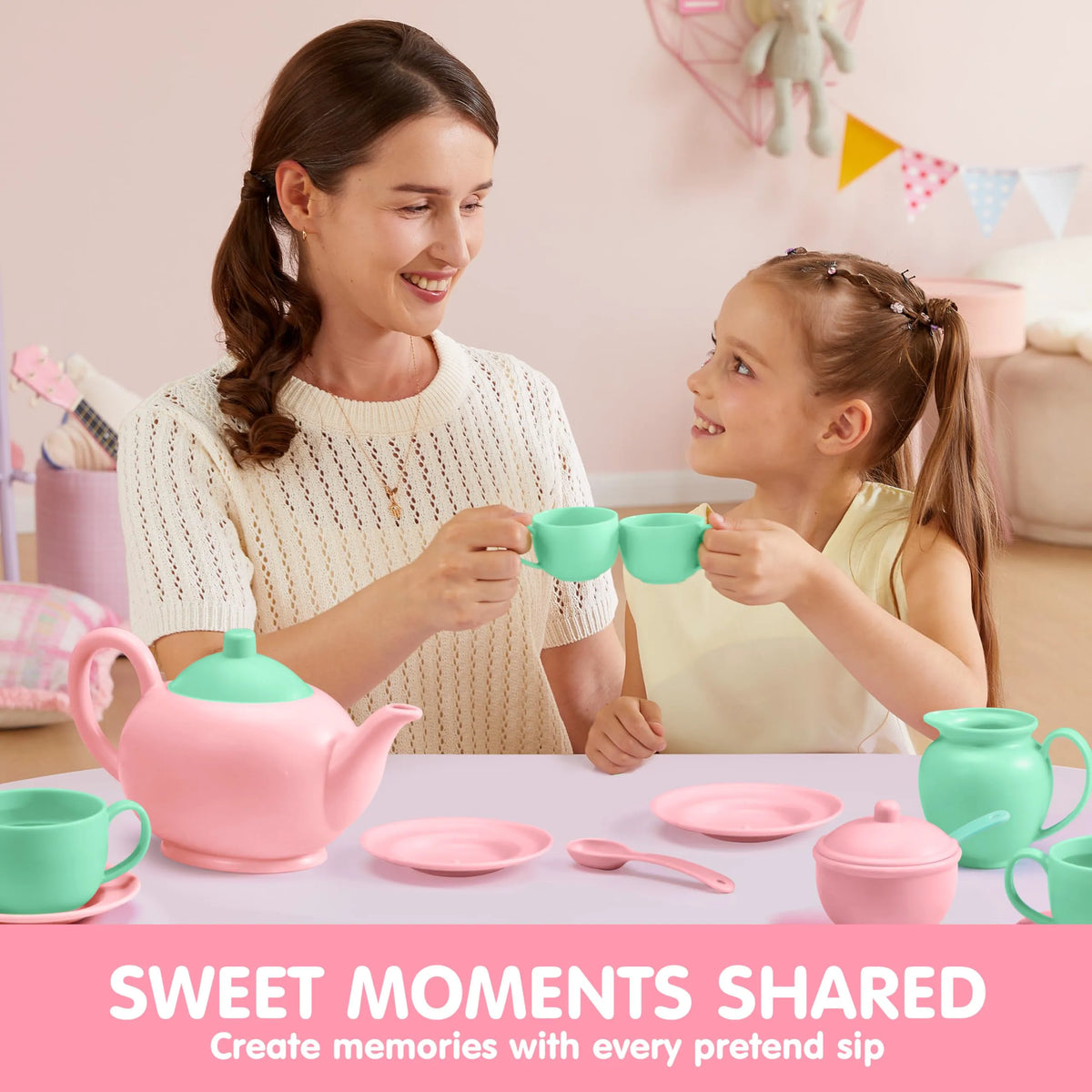 18-Piece Pretend Tea Party Set with Baby Pink Teapot