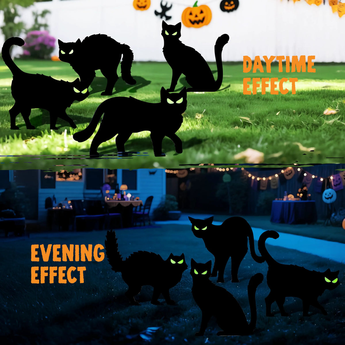 6 Halloween Black Cat Yard Signs with Glow-in-the-Dark Eyes