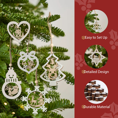 24-Piece Set of Wooden Carved Christmas Hanging Ornaments for Holiday Decor