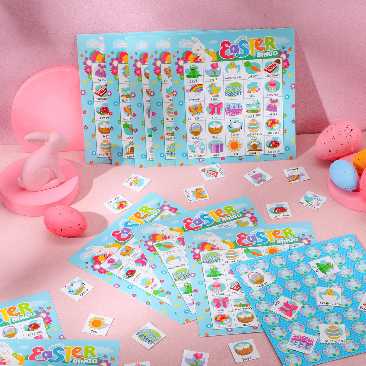 Easter Bingo Cards for Kids - 28 Players, 5x5 Grid, Blue