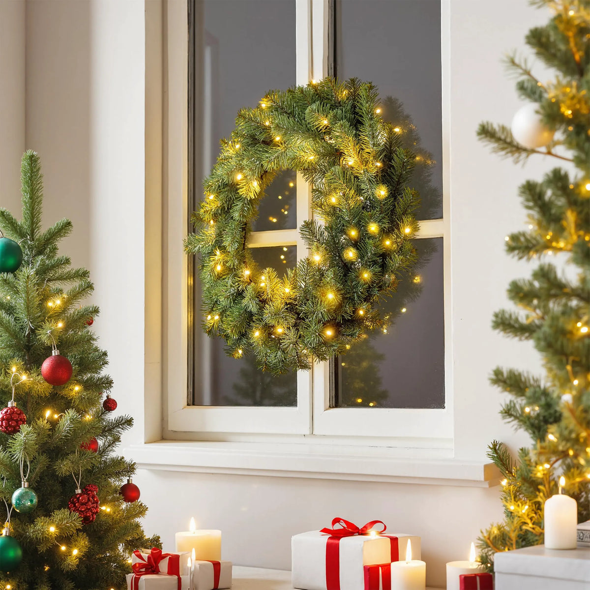 24-Inch Pre-Lit Christmas Wreath with Warm Lights