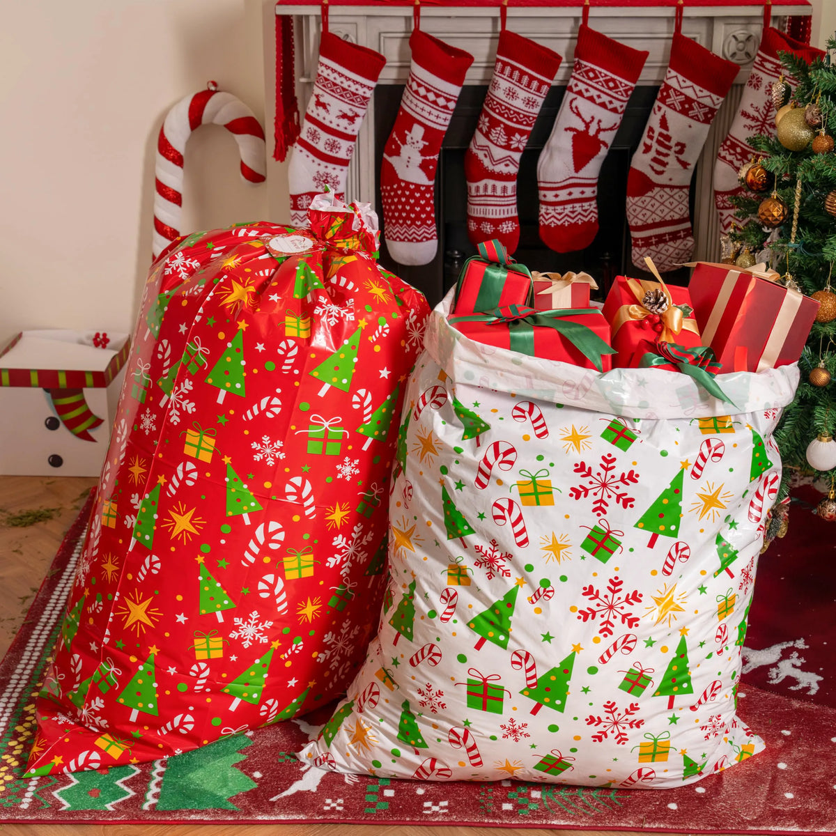 2 Large Red & White Christmas Holiday Plastic Gift Bags