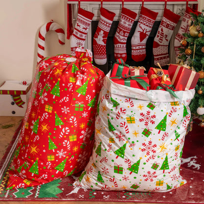 2 Large Red & White Christmas Holiday Plastic Gift Bags