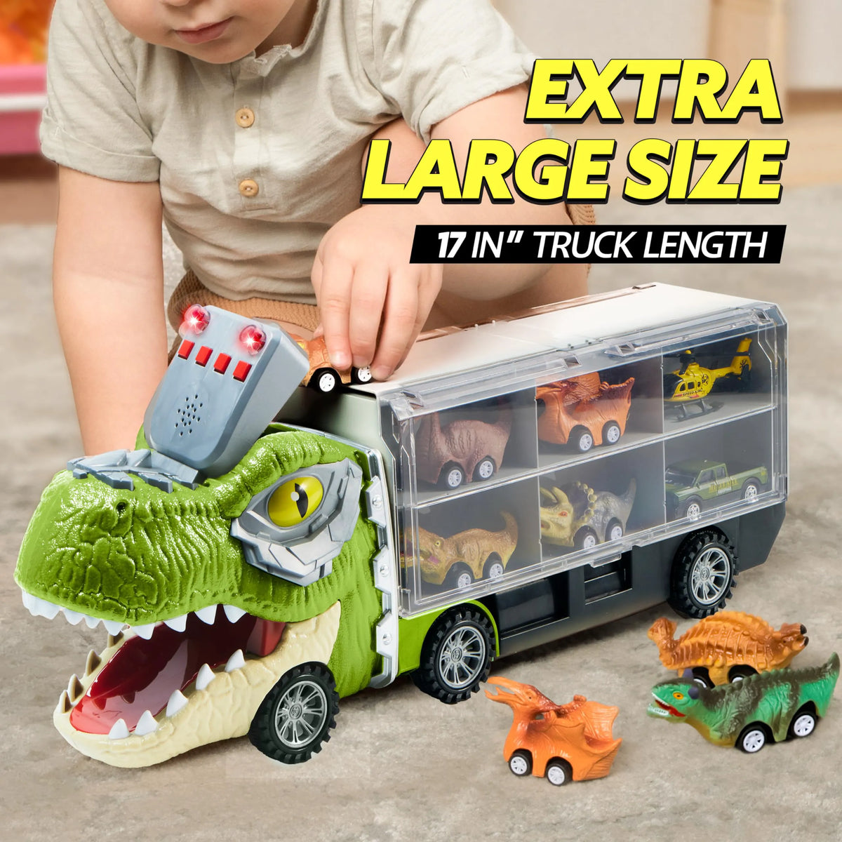 13-in-1 Dinosaur Transport Carrier Truck with Mini Car Set