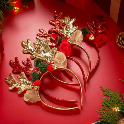 2 Pack Gold & Red Reindeer Headbands with Glitter