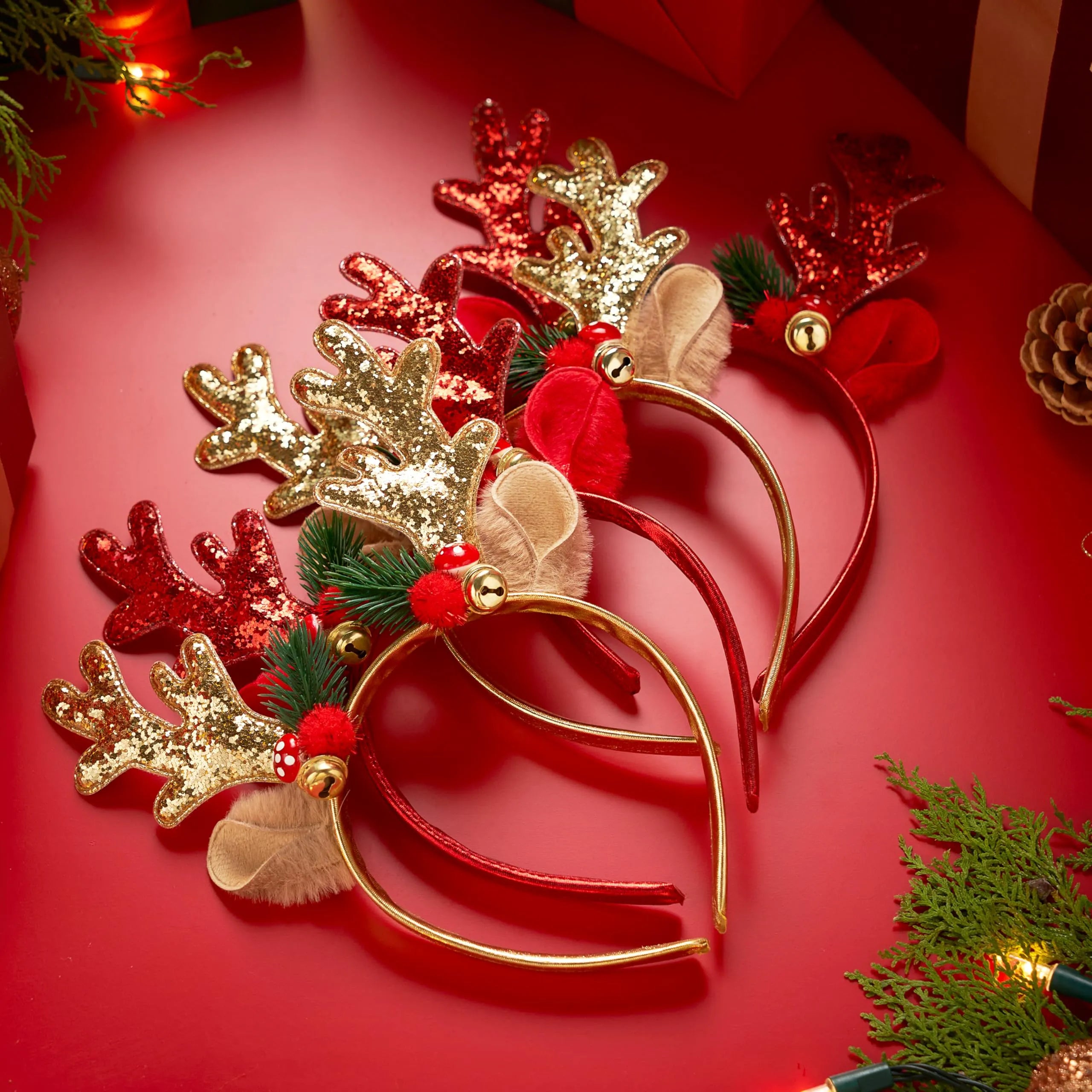 2 Pack Gold & Red Reindeer Headbands with Glitter