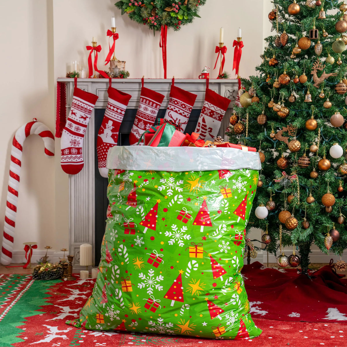 2 Large Red & Green Christmas Holiday Plastic Gift Bags
