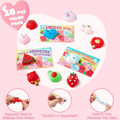 28-Pack Mochi Squishy Toys with Valentine's Day Cards for Classroom Exchange