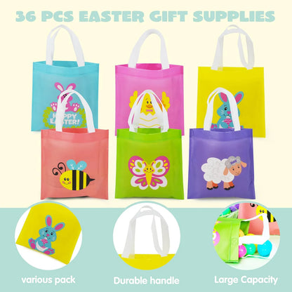 JOYIN 36 Pack Easter Non-Woven Gift Bags - Cute Bunny Animal Treat Bags for Kids Party Supplies and Classroom Prizes