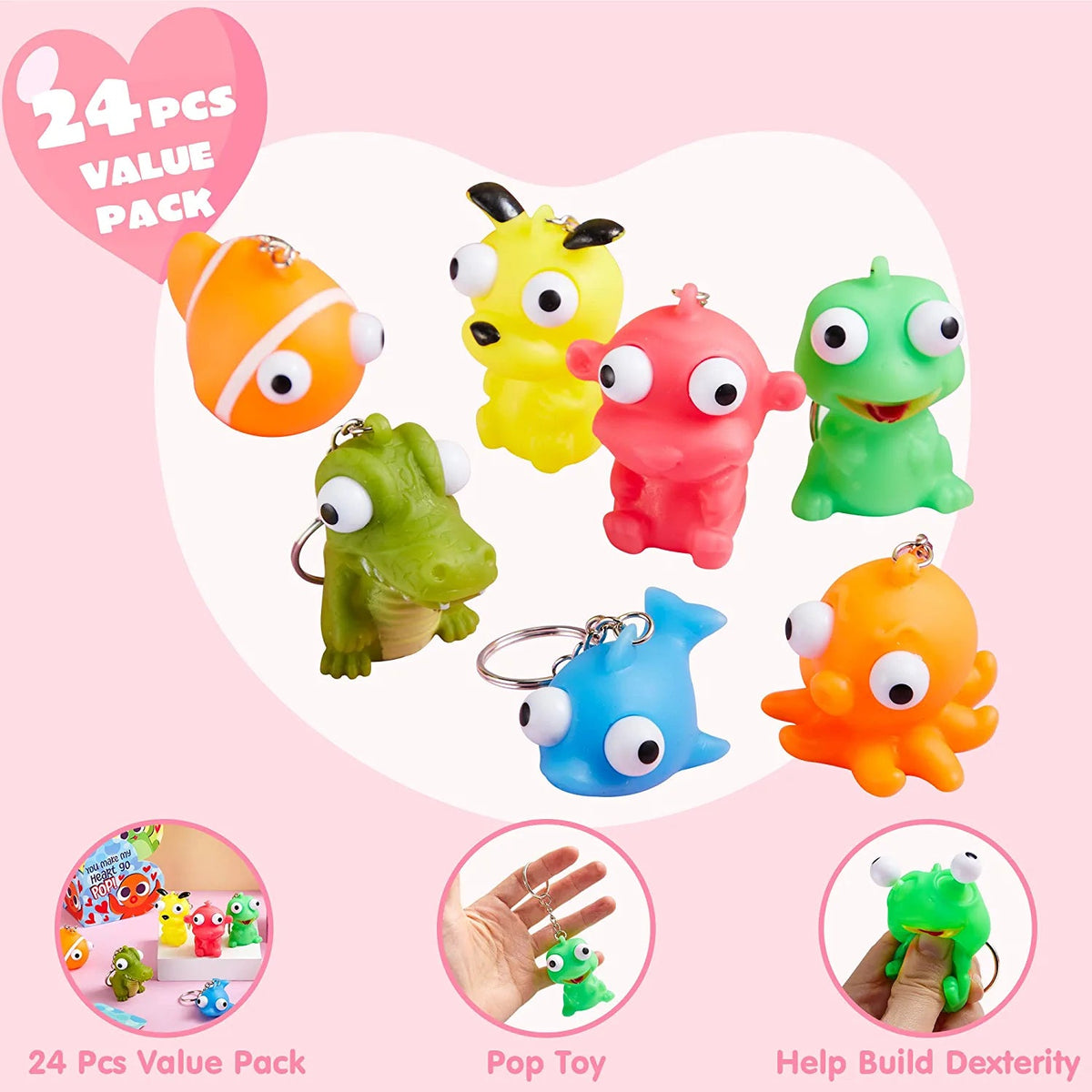24 Pcs Kids Valentine's Cards with Bulging Eyes in Boxes - Classroom Exchange Gifts