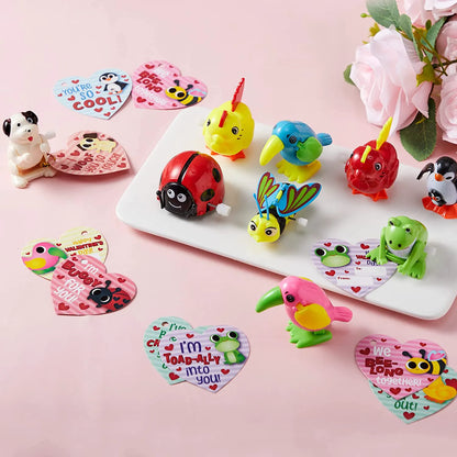28 Pcs Wind Up Toys with Kids Valentine's Cards for Valentine Party Favors