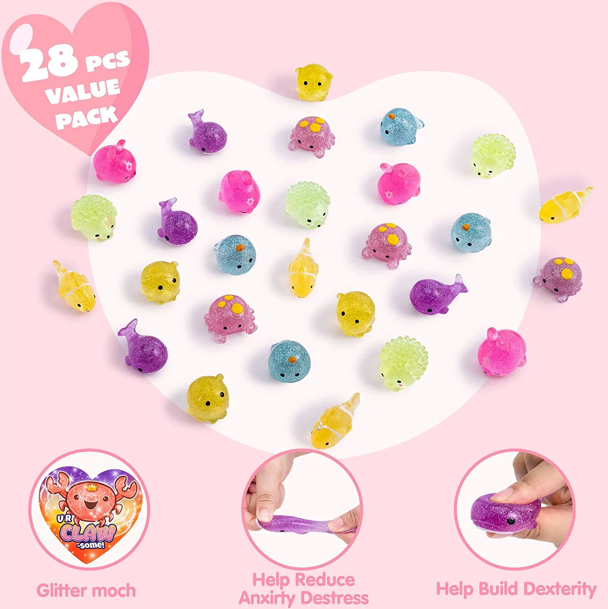 28 Glitter Mochi Squishy Toys with Valentine's Day Cards for Classroom Exchange