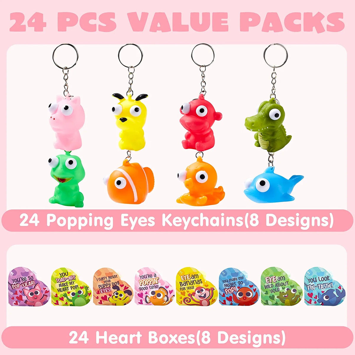 24 Pcs Kids Valentine's Cards with Bulging Eyes in Boxes - Classroom Exchange Gifts