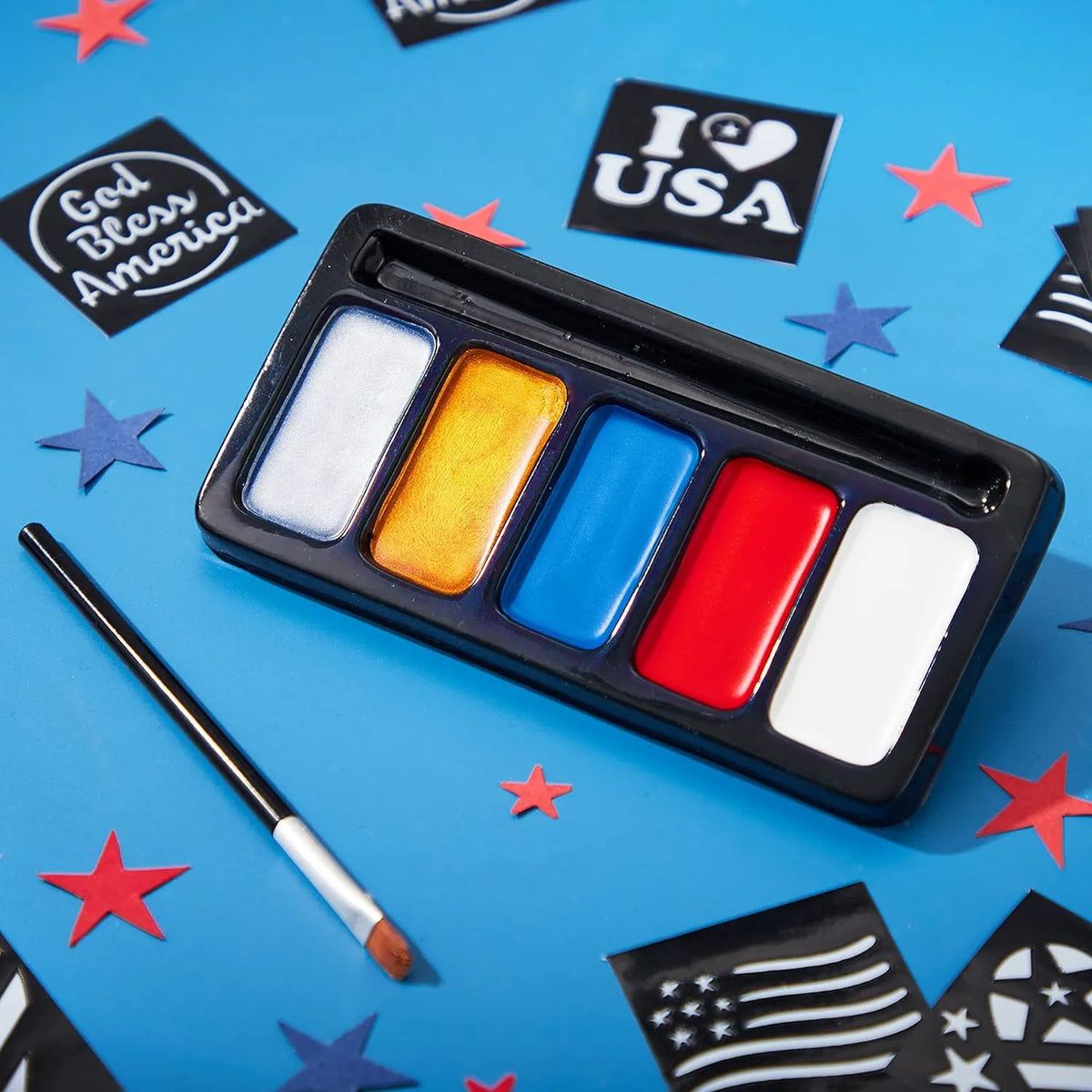 JOYIN 5-Color Patriotic Face & Body Paint Kit with Glitter & 16 Stencils - Red, White & Blue Makeup for 4th of July, Independence Day, Memorial Day & Veterans Day Parties