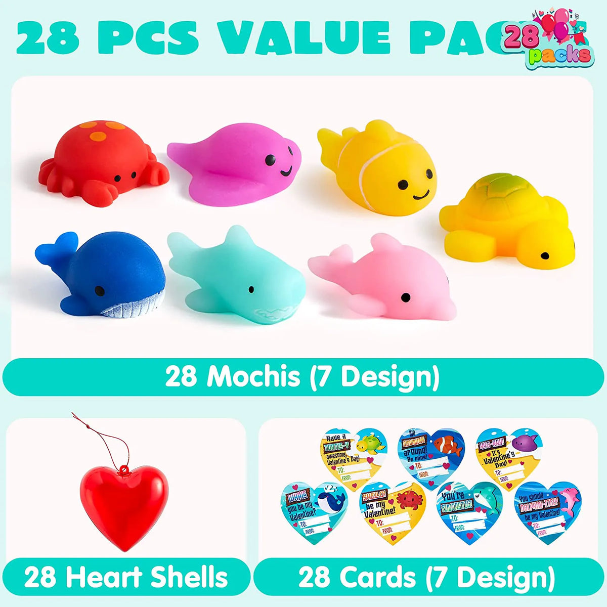 28-Pack Mochi Squishies with Valentine's Day Cards for Kids Classroom Exchange Gifts