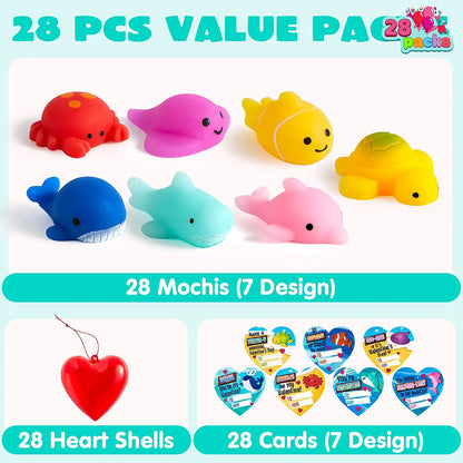 28-Pack Mochi Squishies with Valentine's Day Cards for Kids Classroom Exchange Gifts