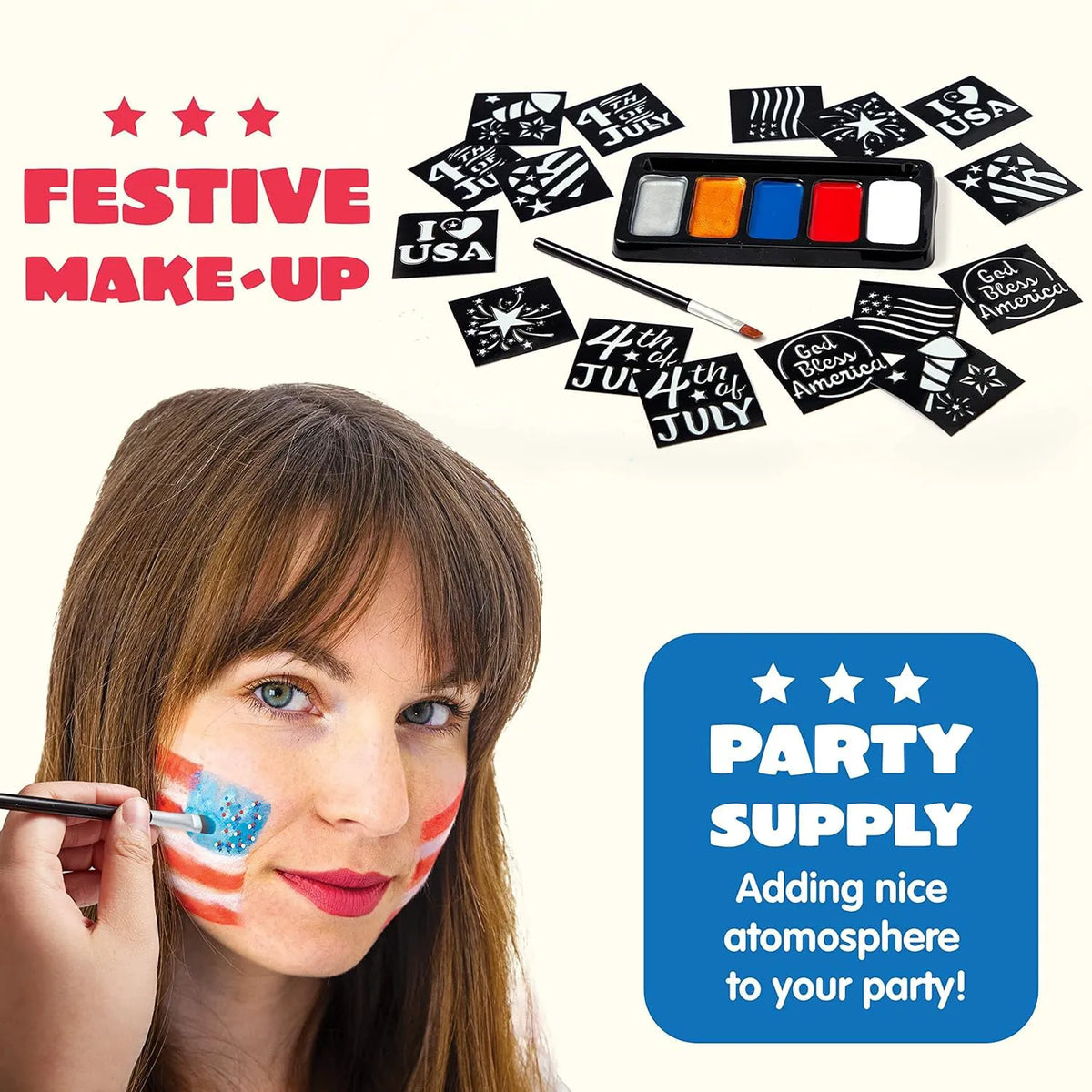 JOYIN 5-Color Patriotic Face & Body Paint Kit with Glitter & 16 Stencils - Red, White & Blue Makeup for 4th of July, Independence Day, Memorial Day & Veterans Day Parties