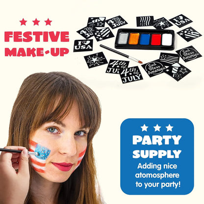 JOYIN 5-Color Patriotic Face & Body Paint Kit with Glitter & 16 Stencils - Red, White & Blue Makeup for 4th of July, Independence Day, Memorial Day & Veterans Day Parties