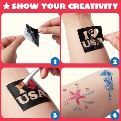 JOYIN 5-Color Patriotic Face & Body Paint Kit with Glitter & 16 Stencils - Red, White & Blue Makeup for 4th of July, Independence Day, Memorial Day & Veterans Day Parties