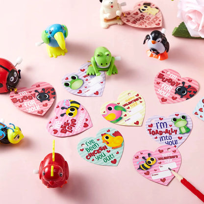 28 Pcs Wind Up Toys with Kids Valentine's Cards for Valentine Party Favors