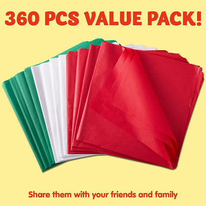 20in Holiday Tissue Paper Assortment (Red, Green & White), 360 Pcs