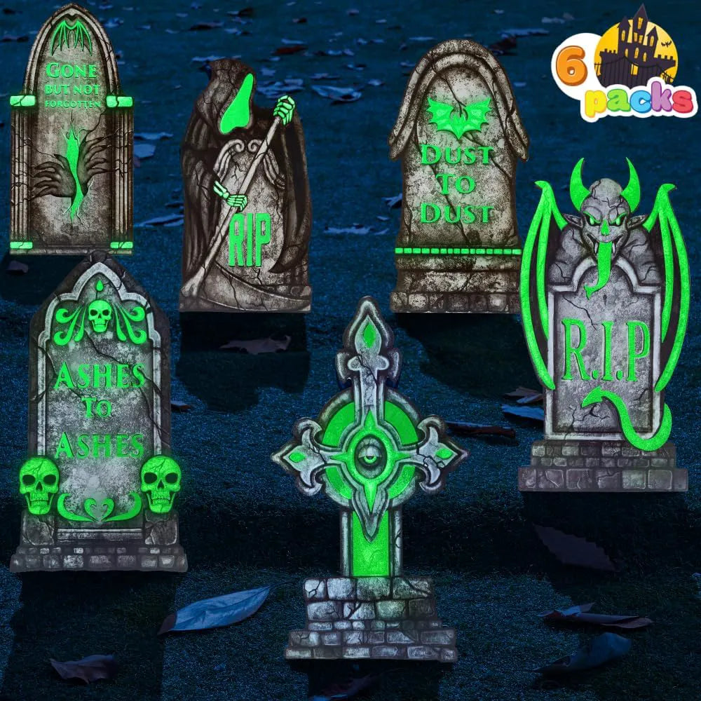 6 Pcs 16in Halloween Graveyard Tombstones - Fluorescent
