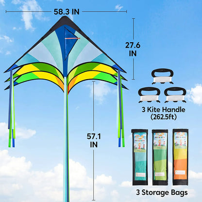 3-Pack Big Delta Kite Set (Green, Blue, Rainbow) with 262.5ft Kite String