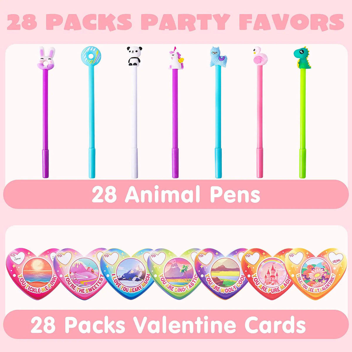 28-Pack Kids Valentine's Cards with Animal Pens - Classroom Exchange Gifts