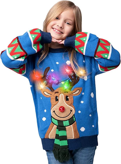 Kids' Blue Reindeer Ugly Christmas Sweater with Light Bulbs