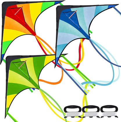 3-Pack Big Delta Kite Set (Green, Blue, Rainbow) with 262.5ft Kite String