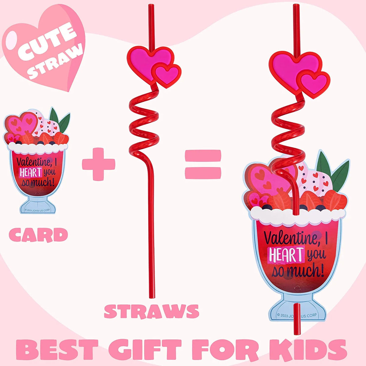 28 Reusable Drinking Straws with Kids Valentine's Cards for Valentine Party Favors