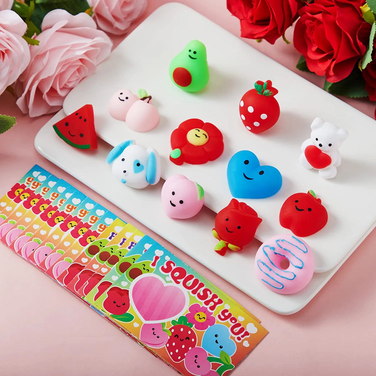 28-Pack Mochi Squishy Toys with Valentine's Day Cards for Classroom Exchange
