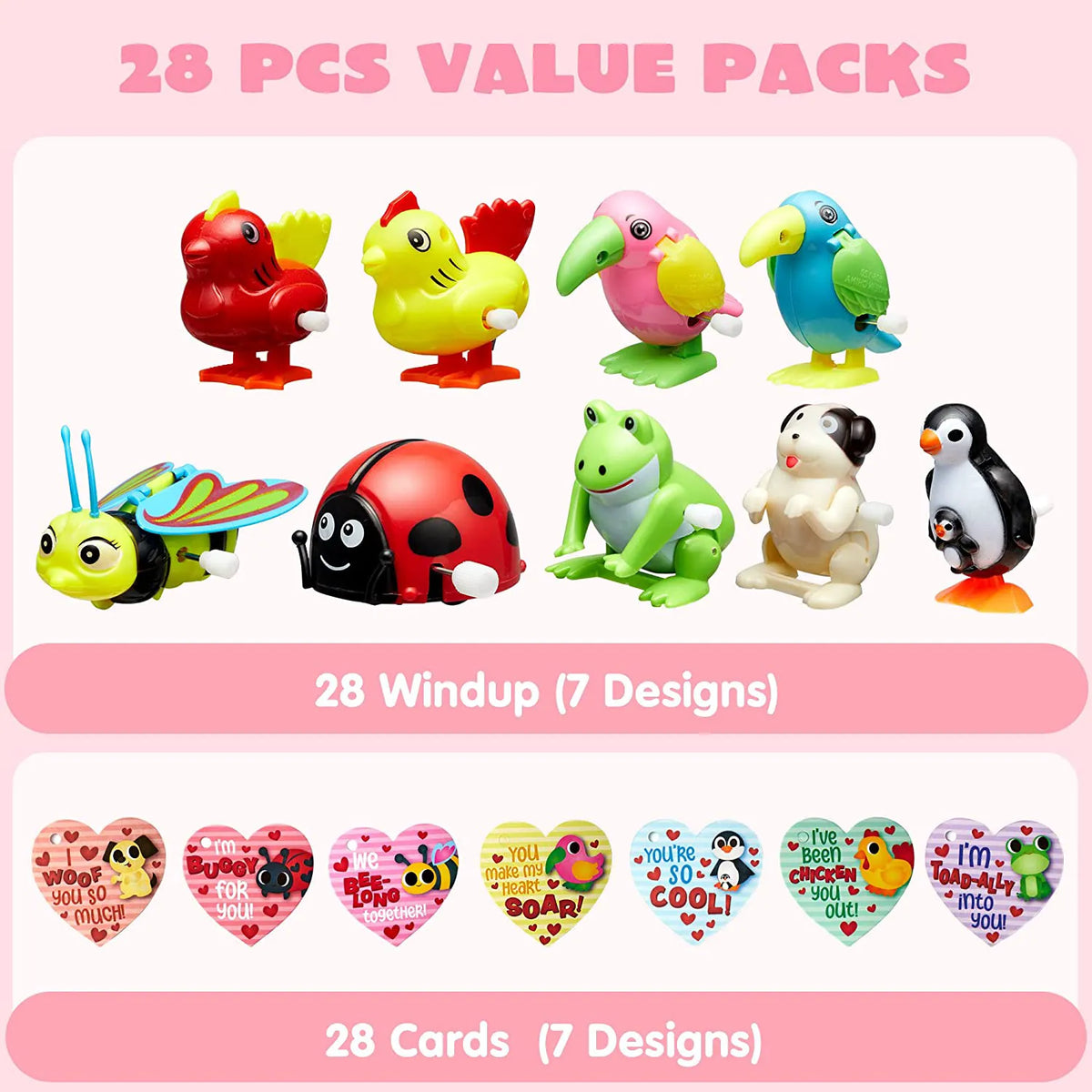 28 Pcs Wind Up Toys with Kids Valentine's Cards for Valentine Party Favors