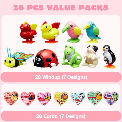 28 Pcs Wind Up Toys with Kids Valentine's Cards for Valentine Party Favors