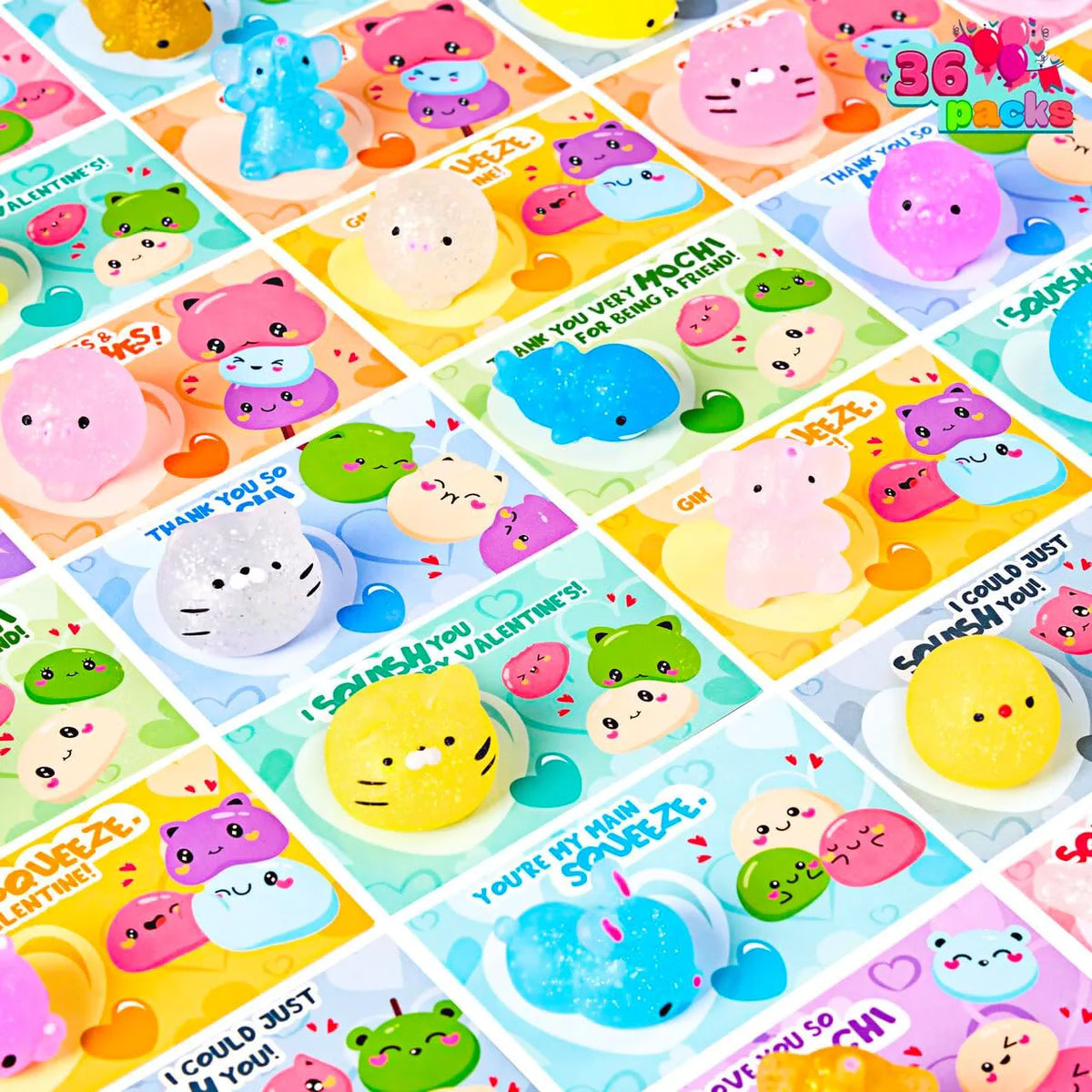 36 Packs Valentine's Day Gift Cards with Glitter Mochi Squishy Toys