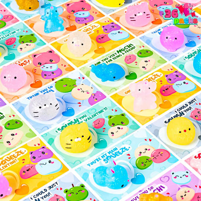 36 Packs Valentine's Day Gift Cards with Glitter Mochi Squishy Toys