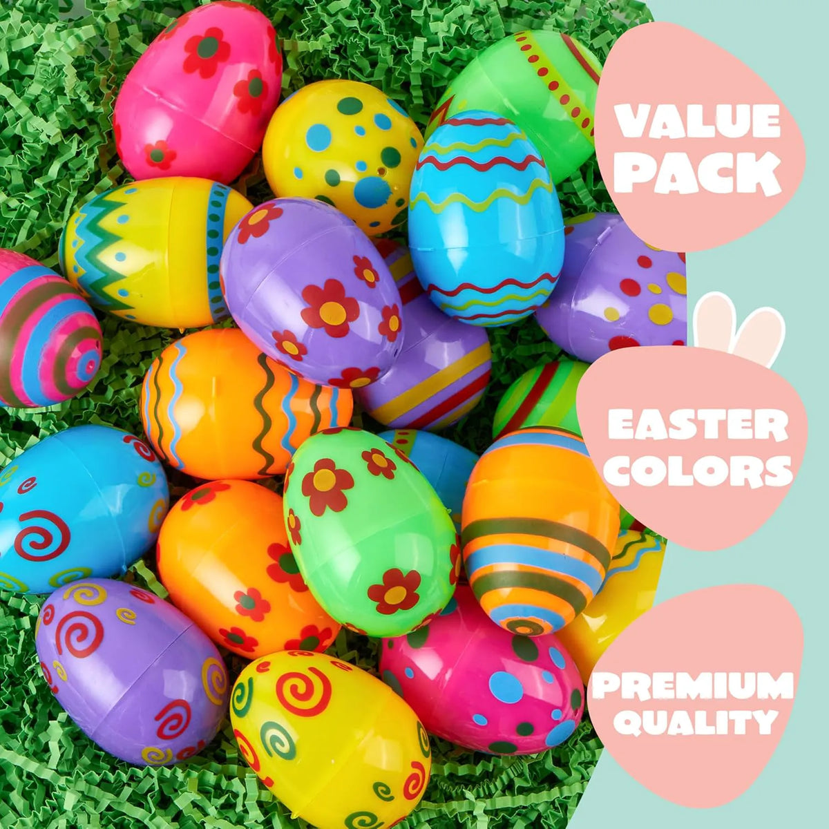 72 Pcs 2.3" Printed Empty Plastic Easter Eggs for Hunt & Party