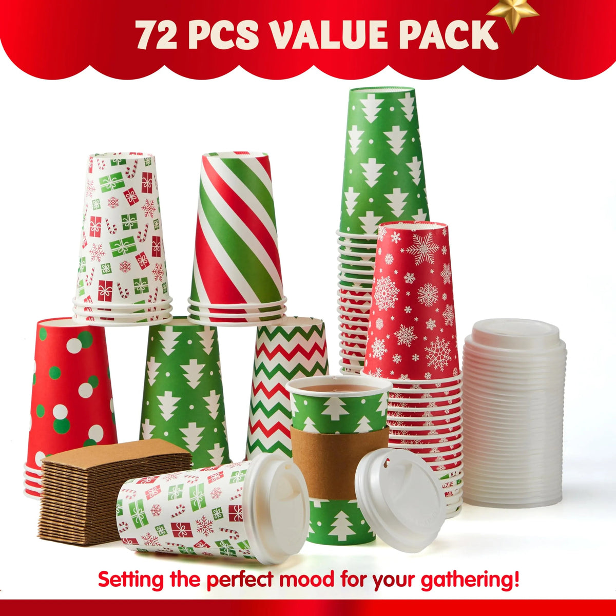 72 Pack 6 Designs 16 oz Christmas Disposable Paper Cups