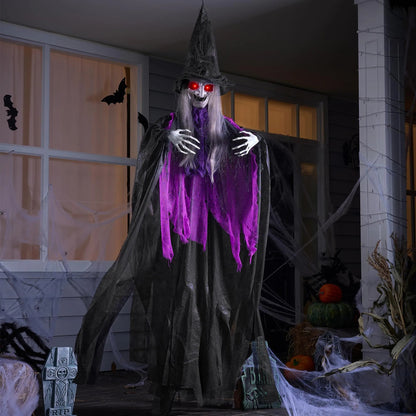 72-Inch Animated Hanging Talking Purple Witch with Light-Up Eyes and Creepy Sounds