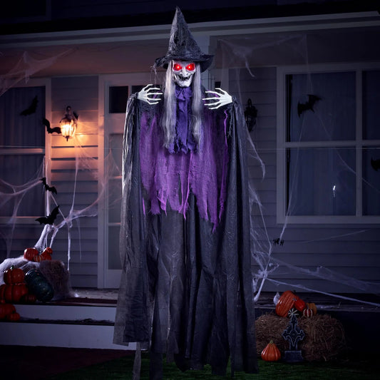 72-Inch Animated Hanging Talking Purple Witch with Light-Up Eyes and Creepy Sounds