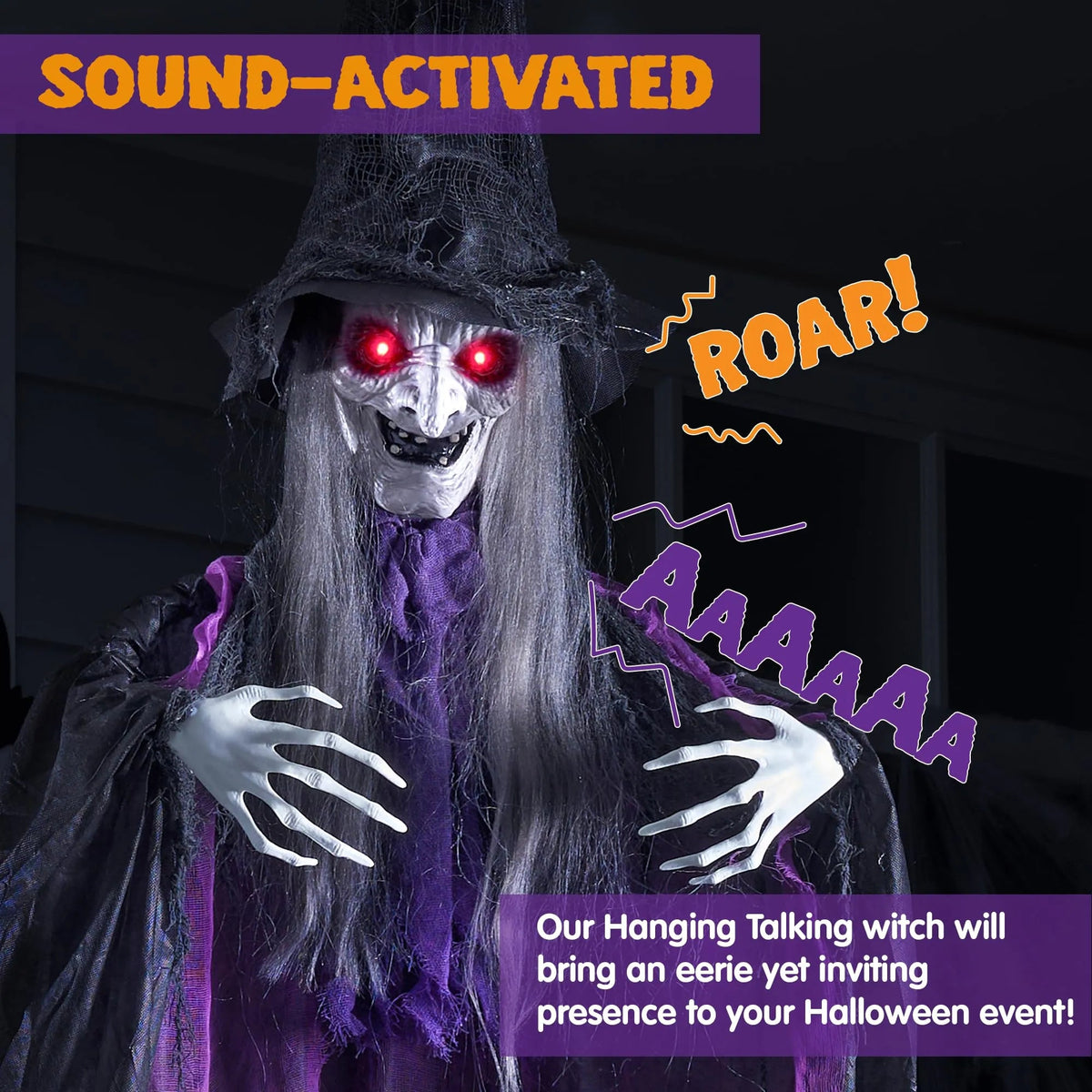 72-Inch Animated Hanging Talking Purple Witch with Light-Up Eyes and Creepy Sounds