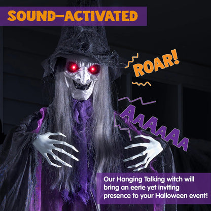 72-Inch Animated Hanging Talking Purple Witch with Light-Up Eyes and Creepy Sounds