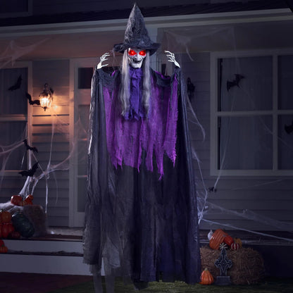 72-Inch Animated Hanging Talking Purple Witch with Light-Up Eyes and Creepy Sounds