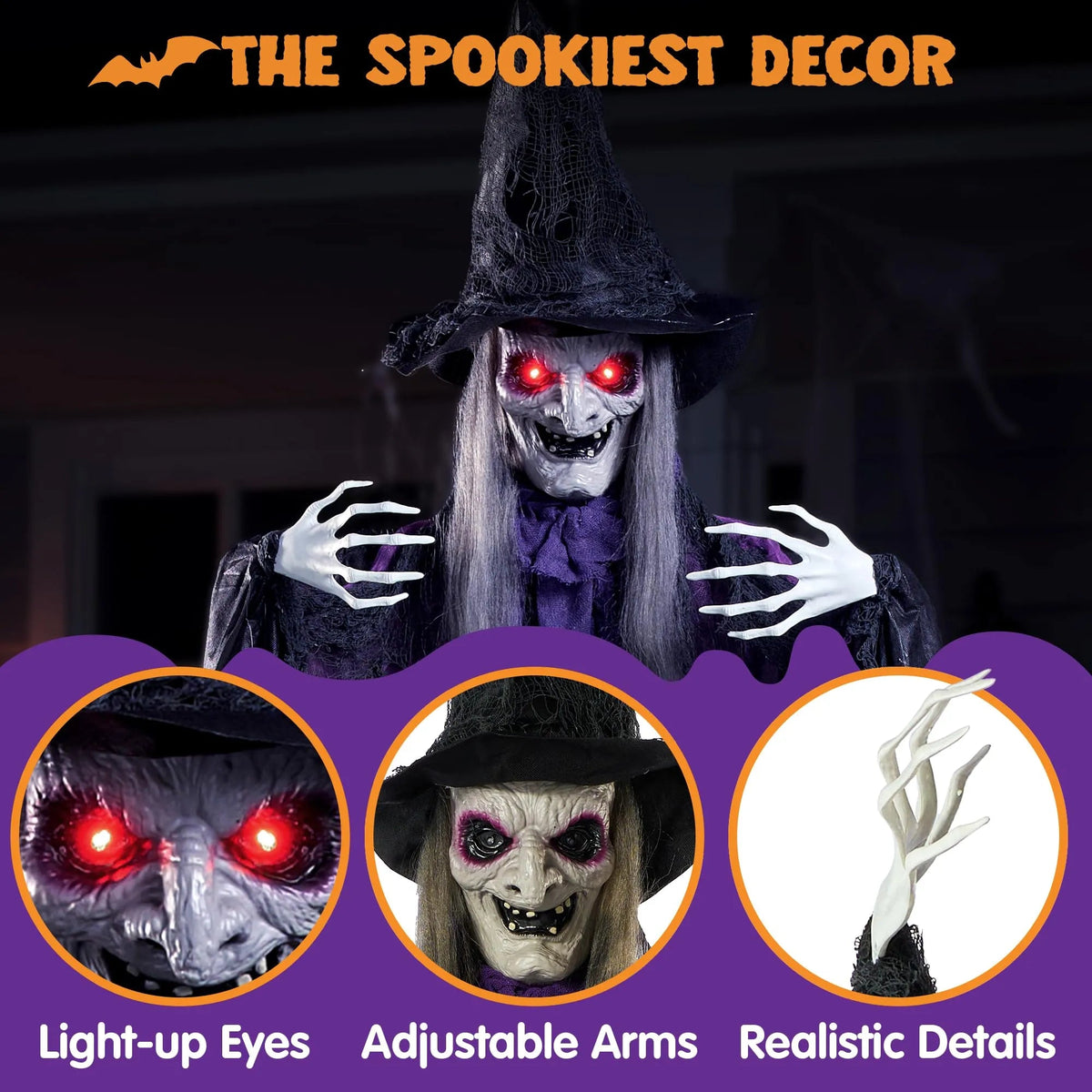72-Inch Animated Hanging Talking Purple Witch with Light-Up Eyes and Creepy Sounds