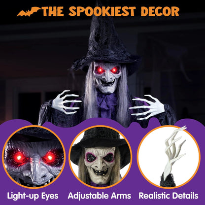 72-Inch Animated Hanging Talking Purple Witch with Light-Up Eyes and Creepy Sounds