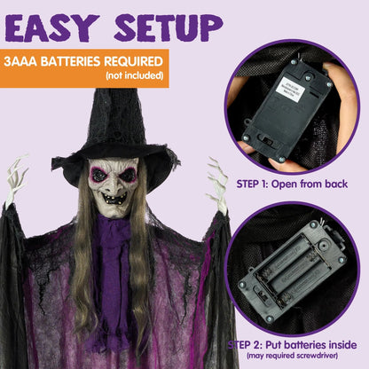 72-Inch Animated Hanging Talking Purple Witch with Light-Up Eyes and Creepy Sounds