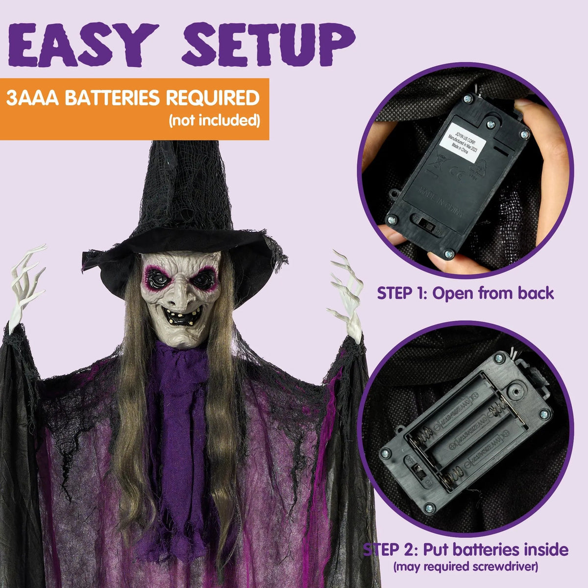 72-Inch Animated Hanging Talking Purple Witch with Light-Up Eyes and Creepy Sounds